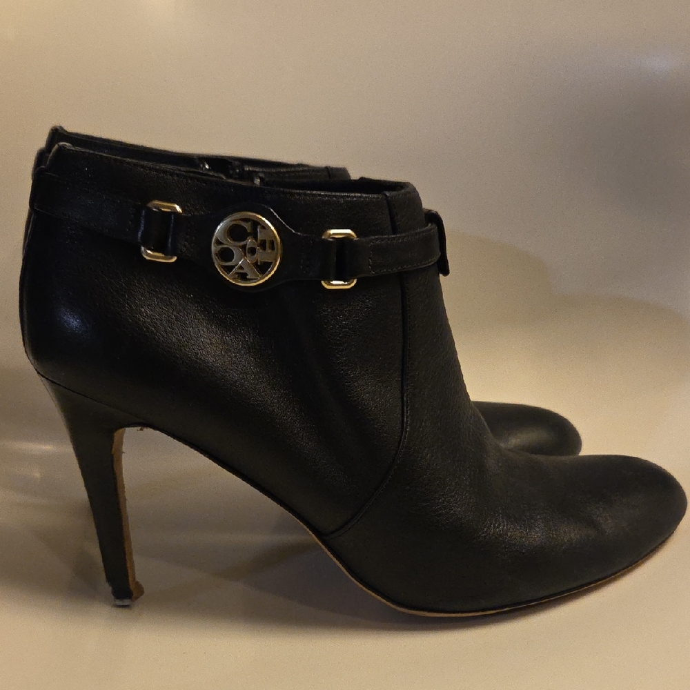 Coach Black Leather Ankle Booties with Gold Accent